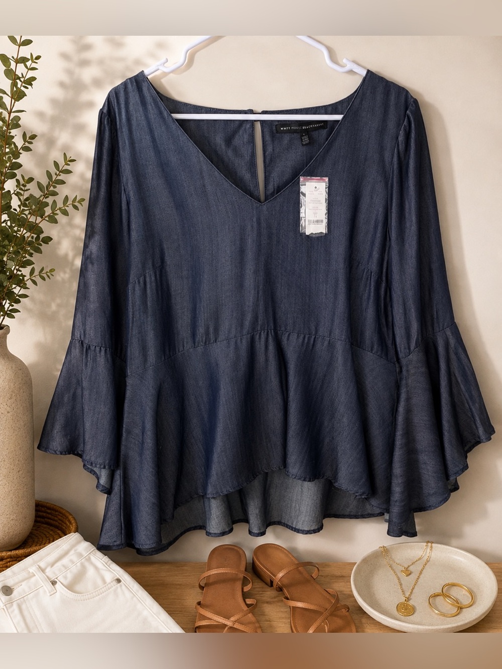 White House Black Market Denim Look Empire Blouse Bell Sleeve Size 14 NWT
